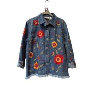Chico's Size 8 Boho Embroidered Floral Medium Wash Denim Jacket Cottagecore